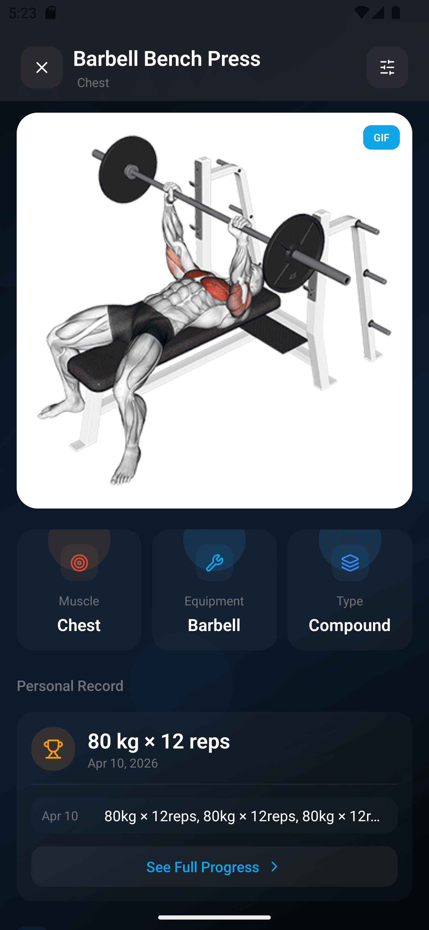 Exercise detail showing personal record